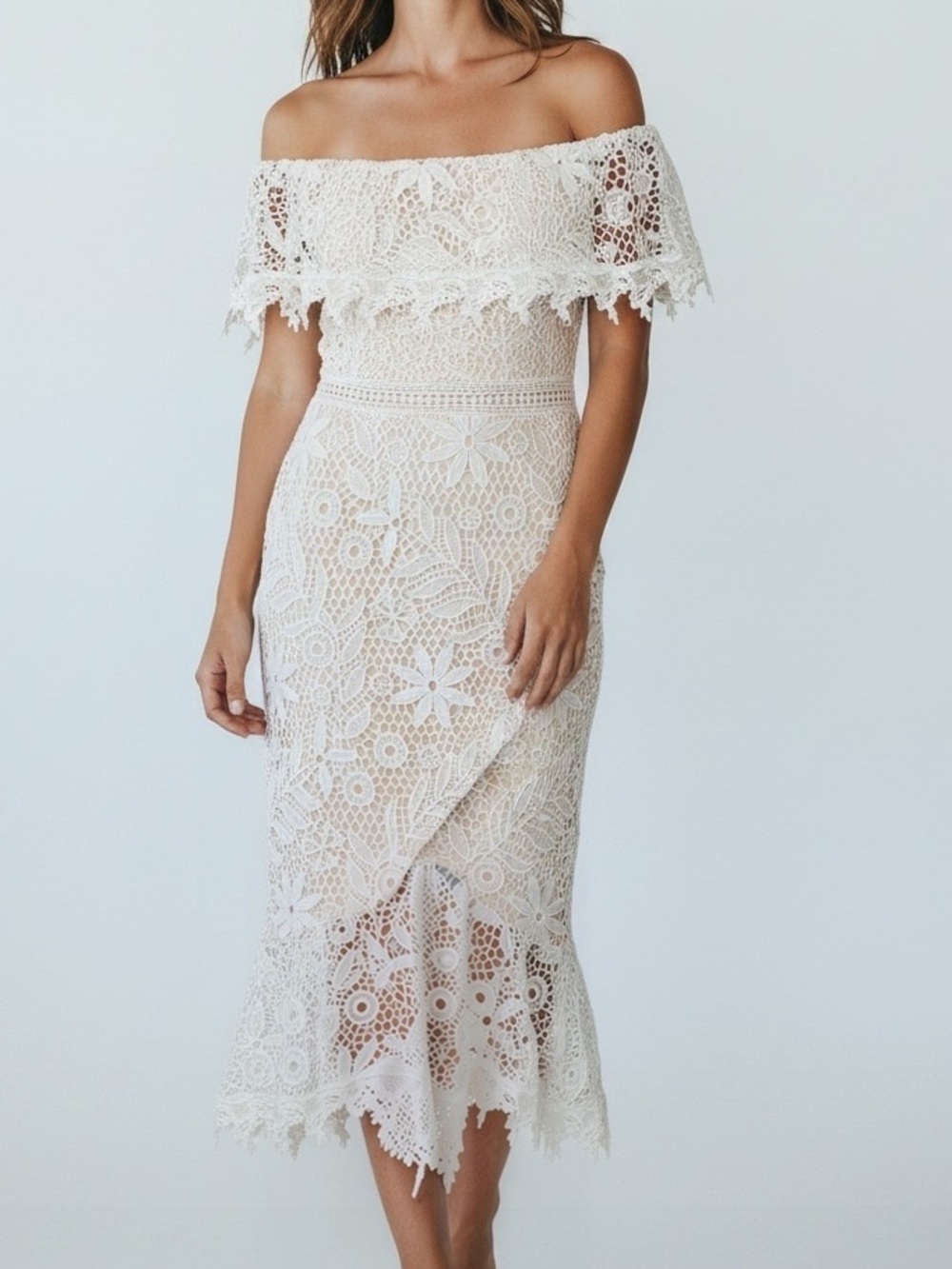 Lock & Key Off-Shoulder Lace Midi Dress White